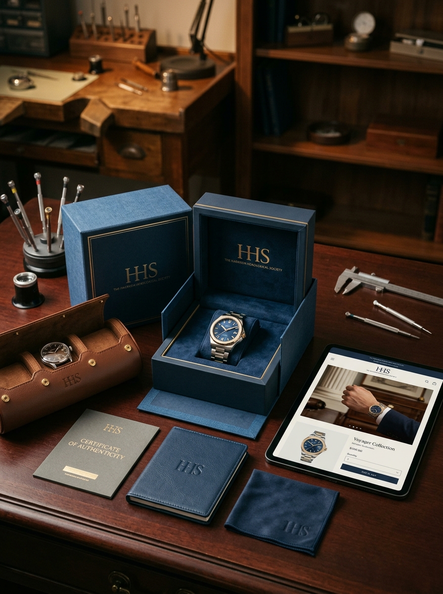 Mastering Aesthetic Excellence in Classic Leather Strap Watch Packaging Design Image